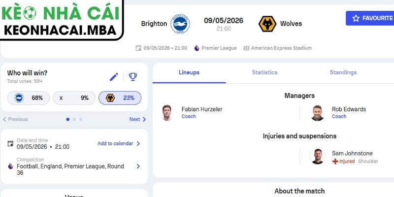 Soi kèo Brighton & Hove Albion vs Wolverhampton Wanderers (21:00 09/05, Ngoại hạng Anh) 3 Kèo châu Á trận Brighton & Hove Albion vs Wolves (21:00 09/05, Ngoại hạng Anh)