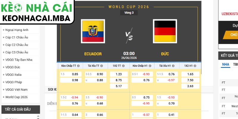 Soi kèo Ecuador vs Đức (03:00 26/06, Bảng E - World Cup 2026) 3 Kèo châu Á trận Ecuador vs Đức (03:00 26/06, Bảng E - World Cup 2026)
