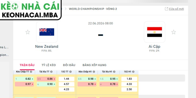 Kèo châu Á trận New Zealand vs Ai Cập (08:00 22/06, Bảng G - World Cup 2026)
