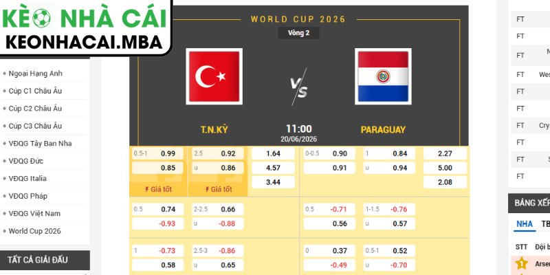 Kèo tài xỉu trận Thổ Nhĩ Kỳ vs Paraguay (10:00 20/06, Bảng D - World Cup 2026)