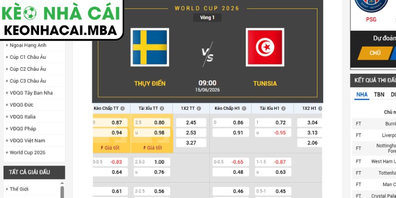 Soi kèo Thụy Điển vs Tunisia (09:00 15/06, Bảng F - World Cup 2026) 3 Kèo châu Á trận Thụy Điển vs Tunisia (09:00 15/06, Bảng F - World Cup 2026)
