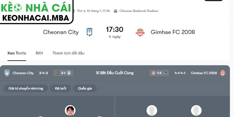 Soi Kèo Cheonan City vs Gimhae City (17:30 10/07, K League 2 Hàn Quốc) 4 Dự đoán kết quả trận Cheonan City vs Gimhae City (17:30 10/07, K League 2 Hàn Quốc)