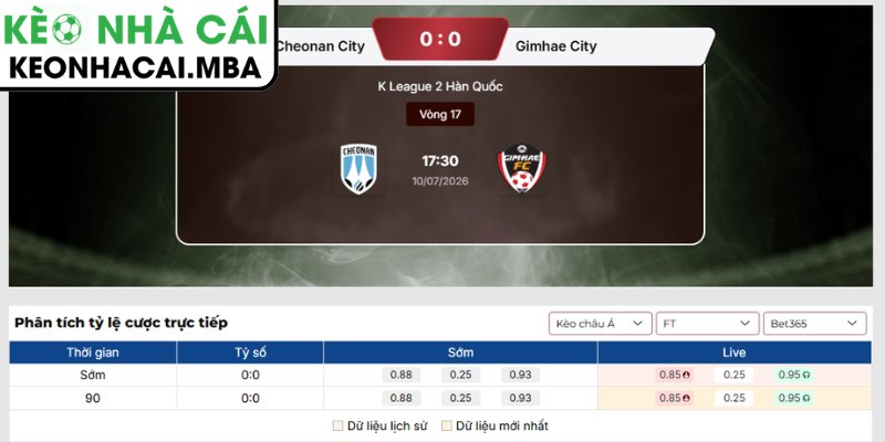 Soi Kèo Cheonan City vs Gimhae City (17:30 10/07, K League 2 Hàn Quốc) 3 Kèo châu Á trận Cheonan City vs Gimhae City (17:30 10/07, K League 2 Hàn Quốc)